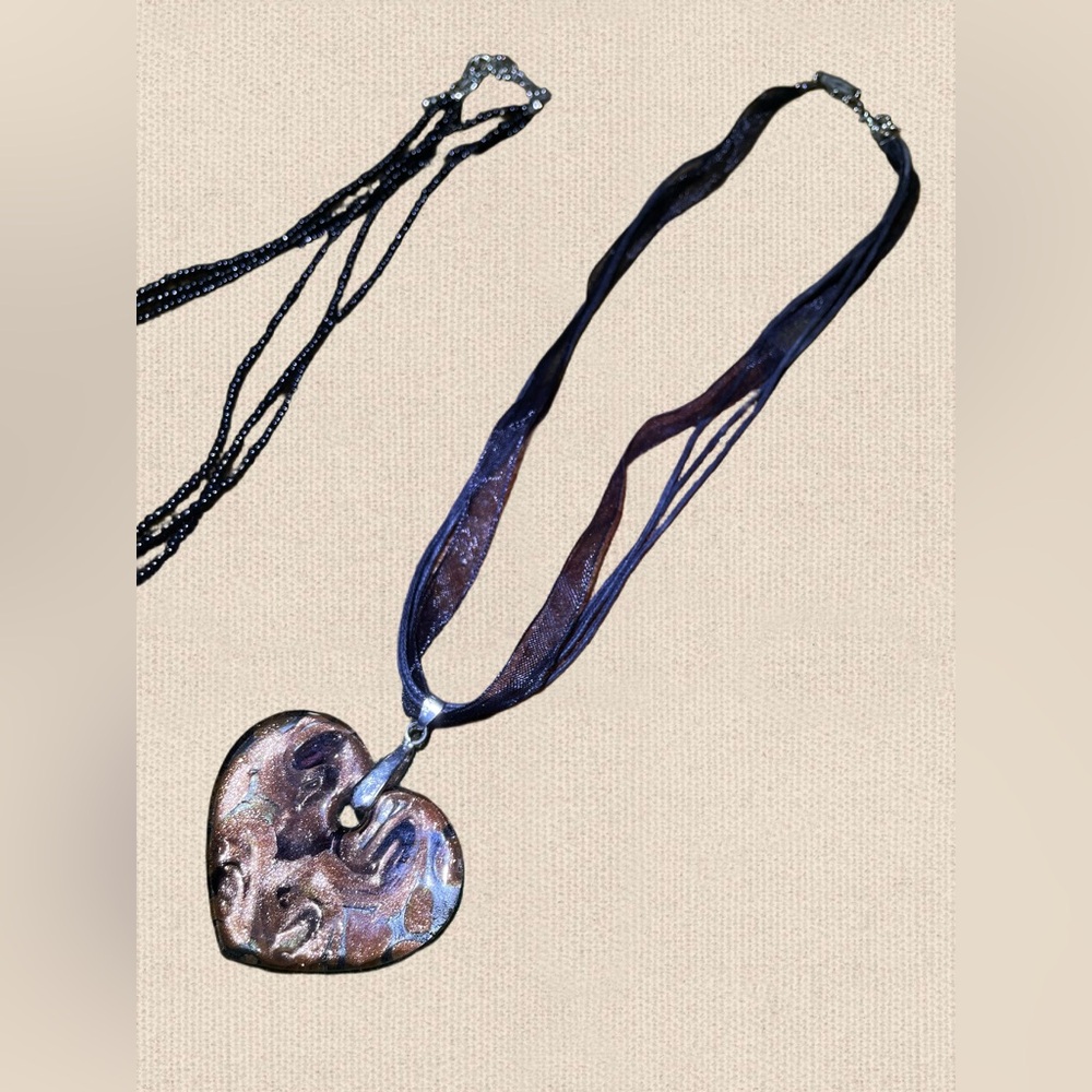 Heart Stone/Crystal Pendant Necklace with Black and Brown Ribbon